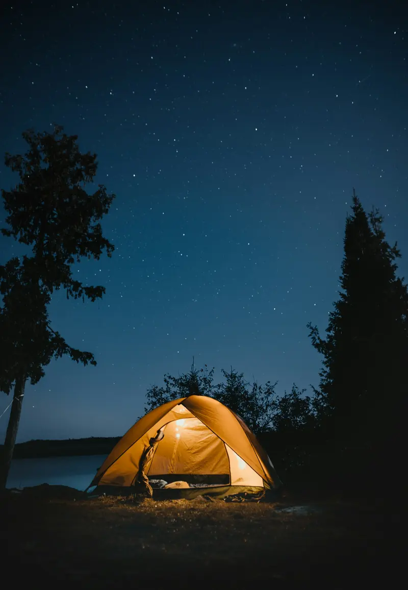 A glowing tent in the trees under a night sky