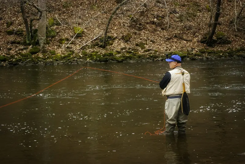An angler wading a river in the fall