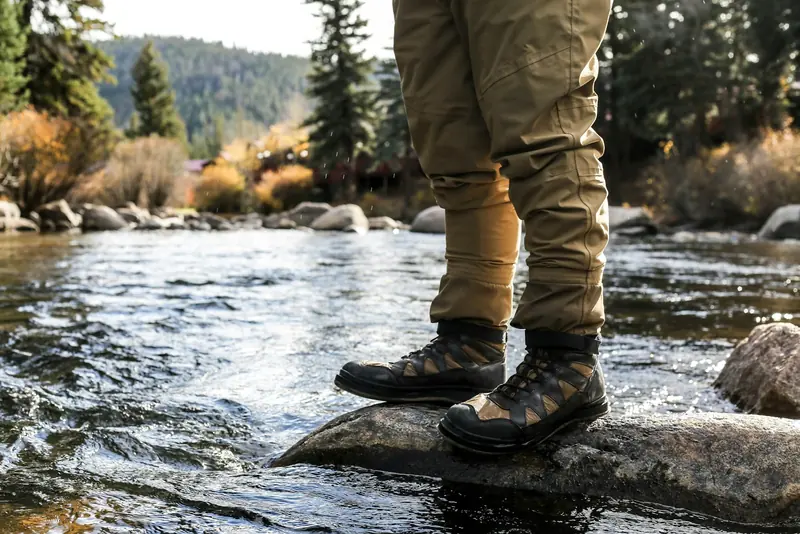 Wading boots on river rocks