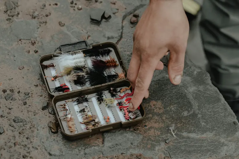 A hand holding an open box of flies