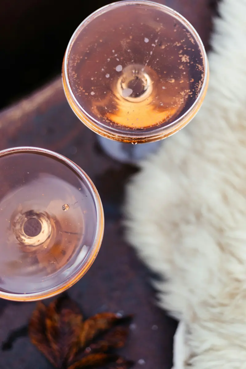 Two champagne glasses from above