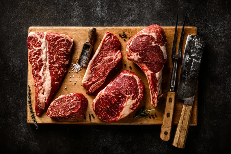 Hand-cut steaks on a board with a knife