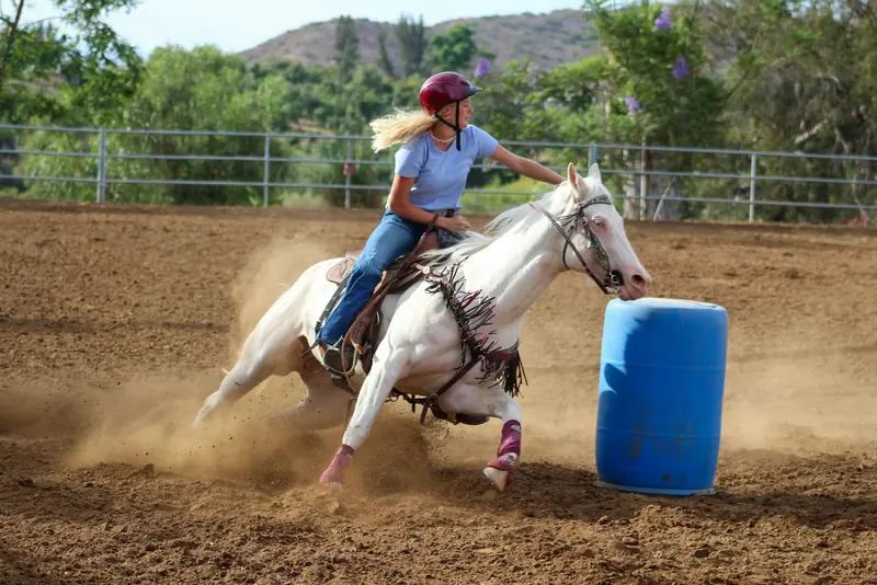 A rider on a white horse cutting tight around a barrel