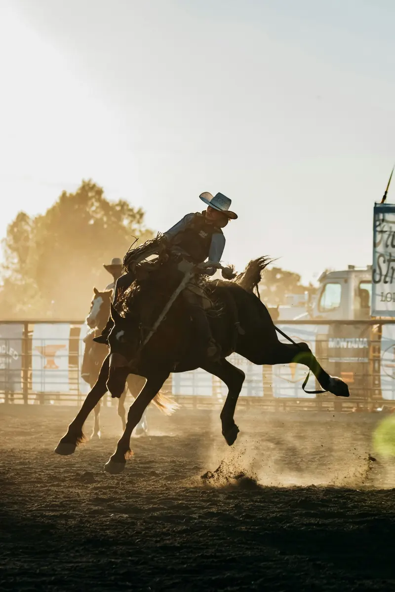 A cowboy riding a bucking horse in a dusty arena