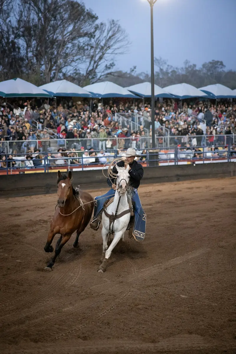 Riders in the arena in front of a full grandstand