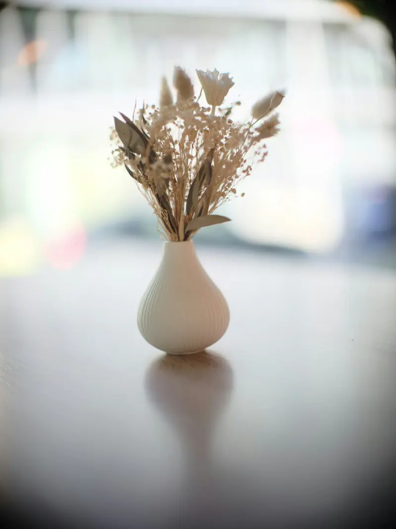 Dried flowers in a small white vase