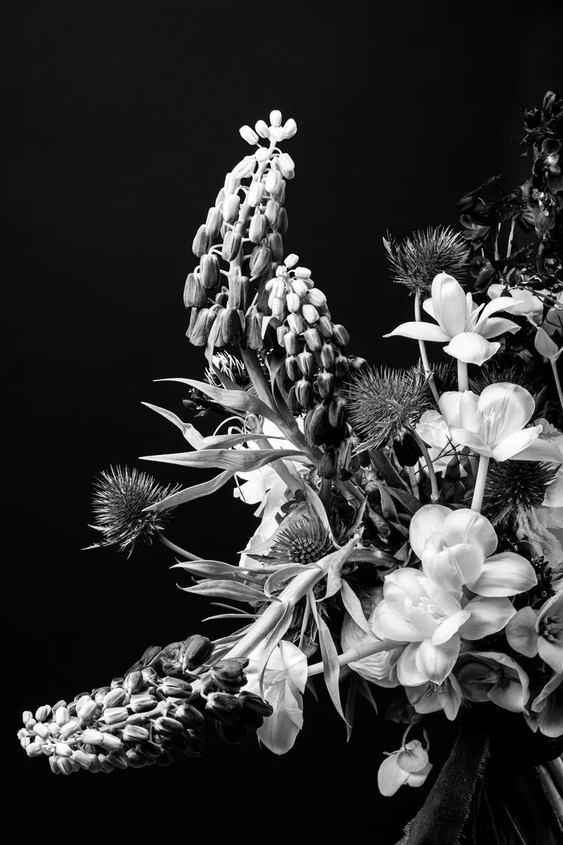 Lupines and lilies in a dark arrangement