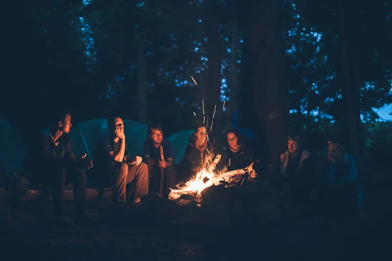 Friends around a campfire in the trees at night