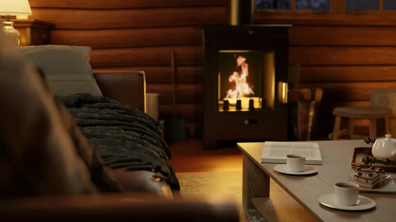 A log cabin room lit by a wood stove