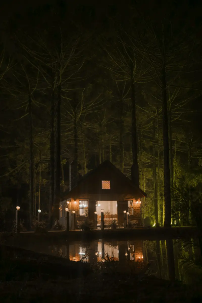 A cabin glowing in the dark woods at night
