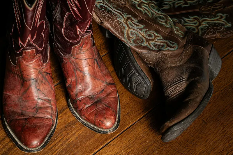 Two pairs of worn leather boots on a wood floor