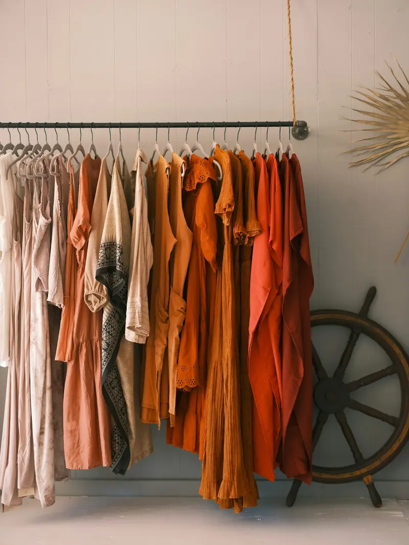 A rack of rust and cream clothes