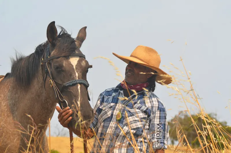 A cowboy in a straw hat with his horse in a dry field