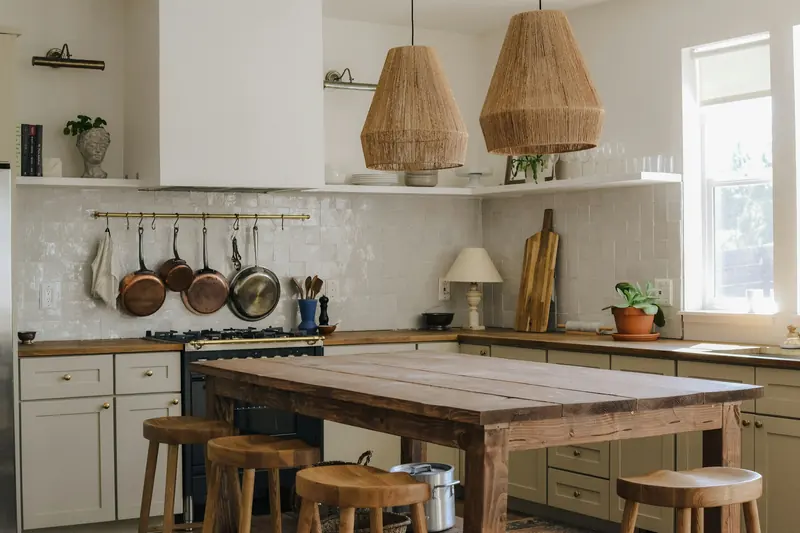 A warm kitchen with a wood island and pots hanging over it