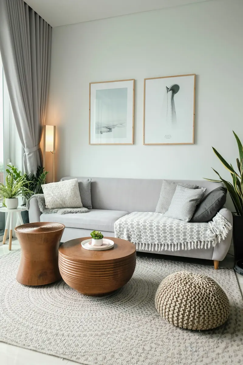 A living room with a round coffee table