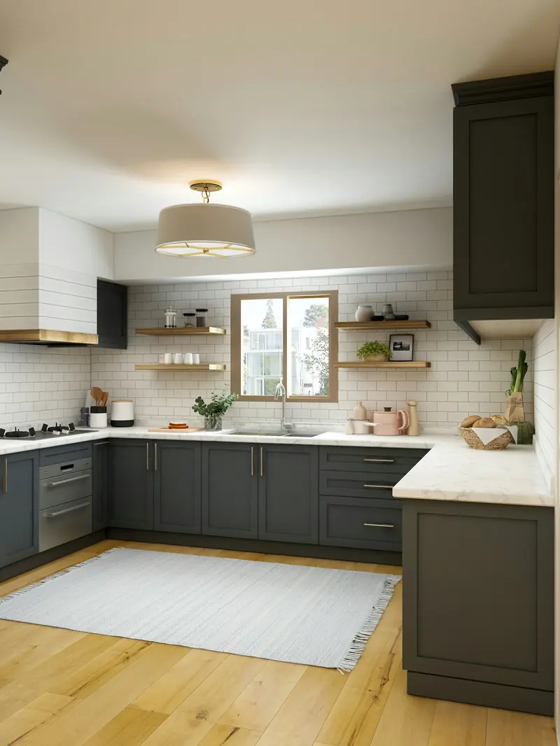A kitchen with dark cabinets and open shelves