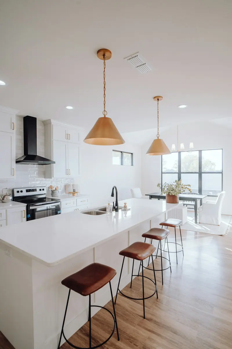 A bright kitchen with a long island