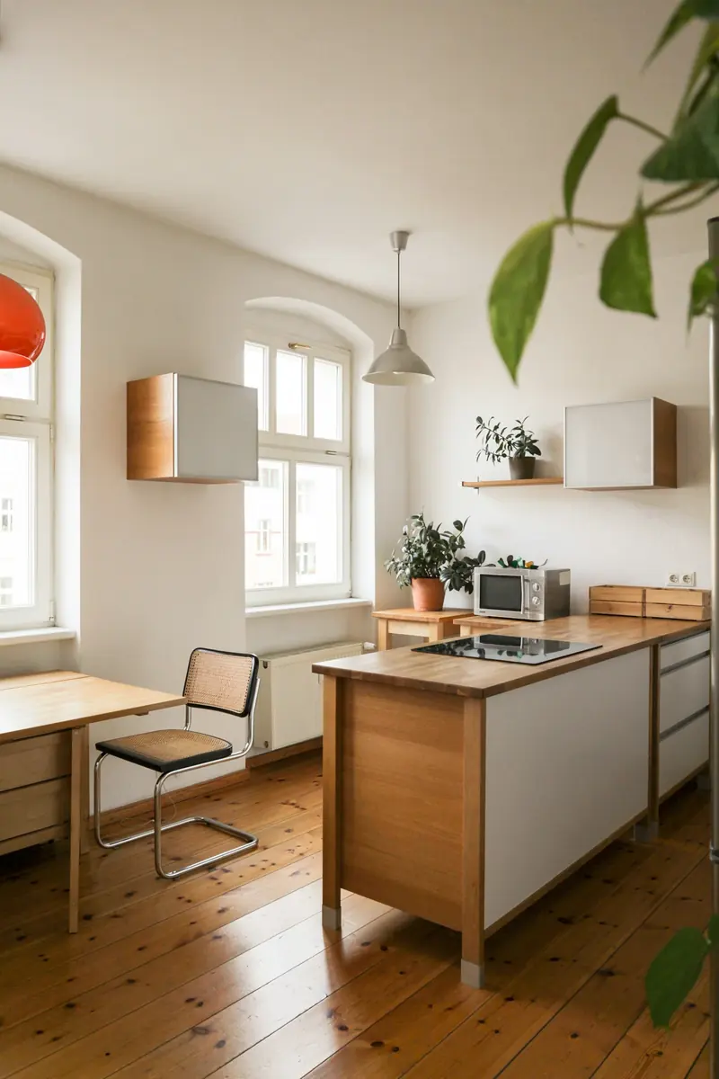 A wood desk and chair by a sunny window