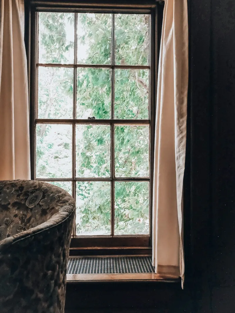 A cozy armchair by a window with green trees outside