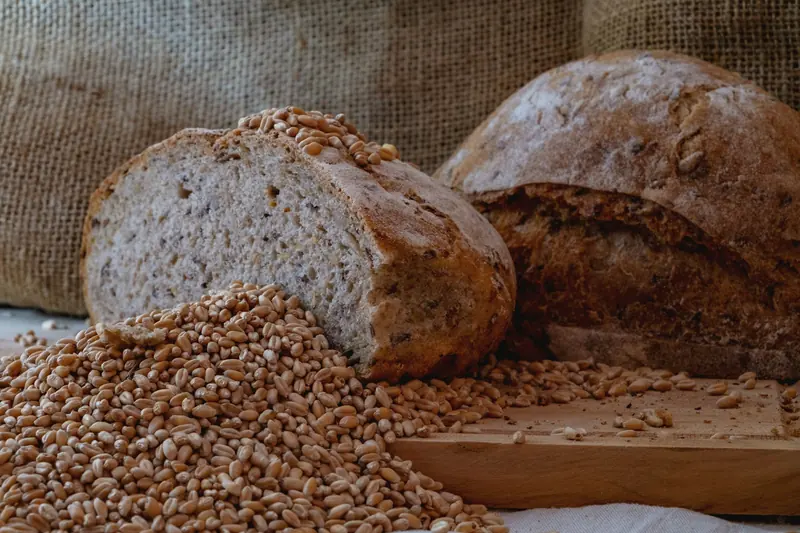 A halved loaf beside a pile of wheat berries