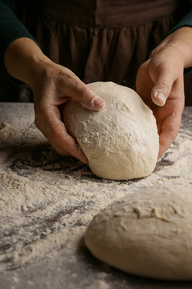 Hands kneading a ball of dough on a floured table