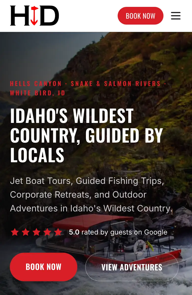 The Hammer Down River Excursions homepage on a phone, from the top all the way down