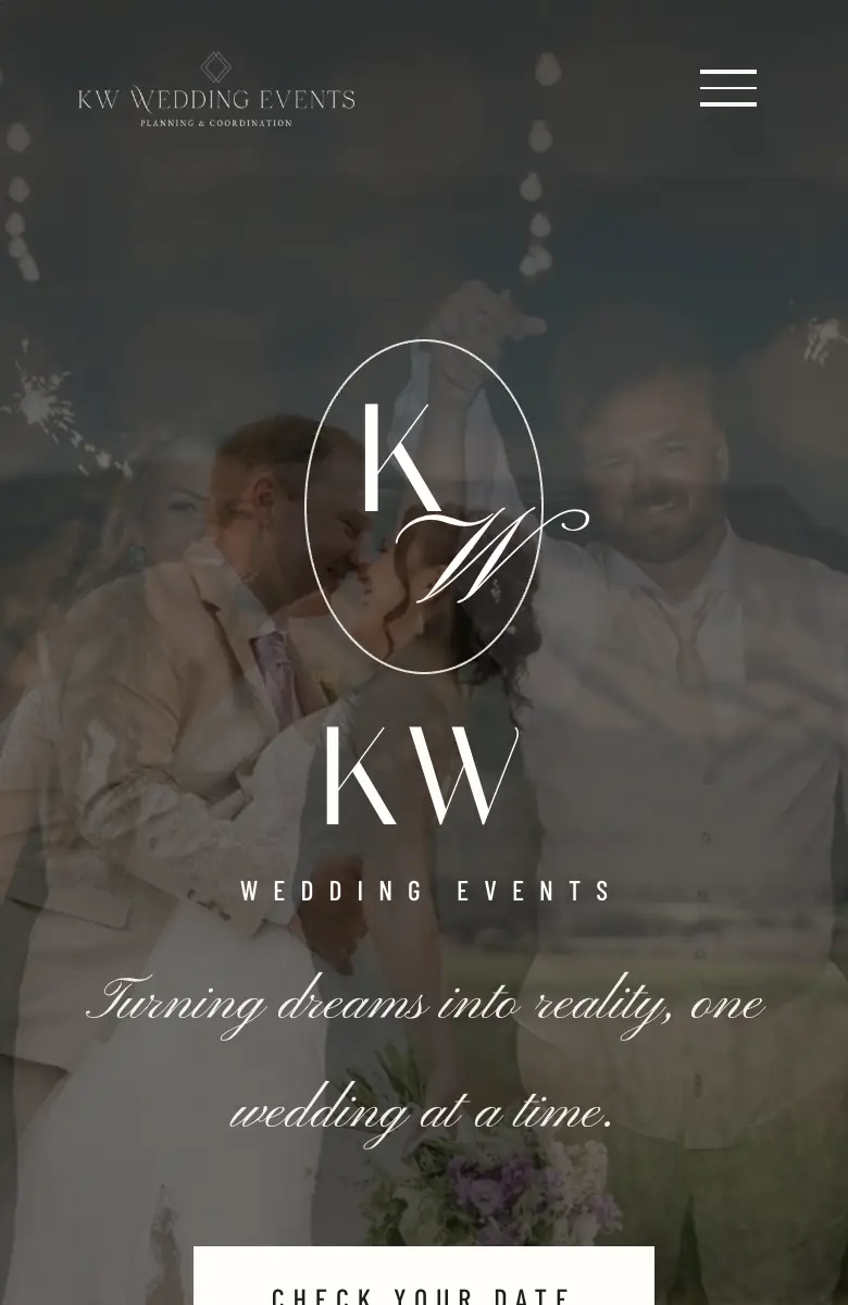 The KW Wedding Events homepage on a phone, from the top all the way down