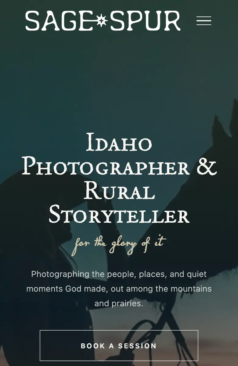 The Sage & Spur Photography homepage on a phone, from the top all the way down